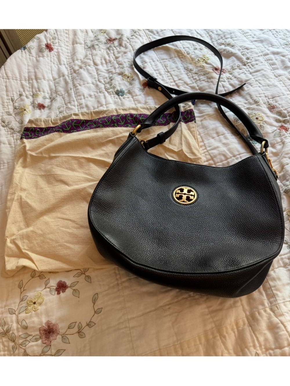 Tory Burch Black Pebbled Leather Shoulder Hobo with Gold Logo